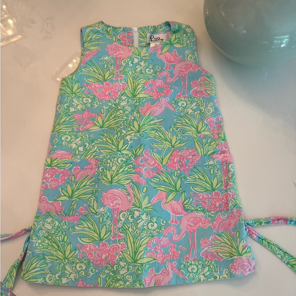 Lilly Pulitzer Girls Blue Pink Green Flamingo Print Dress